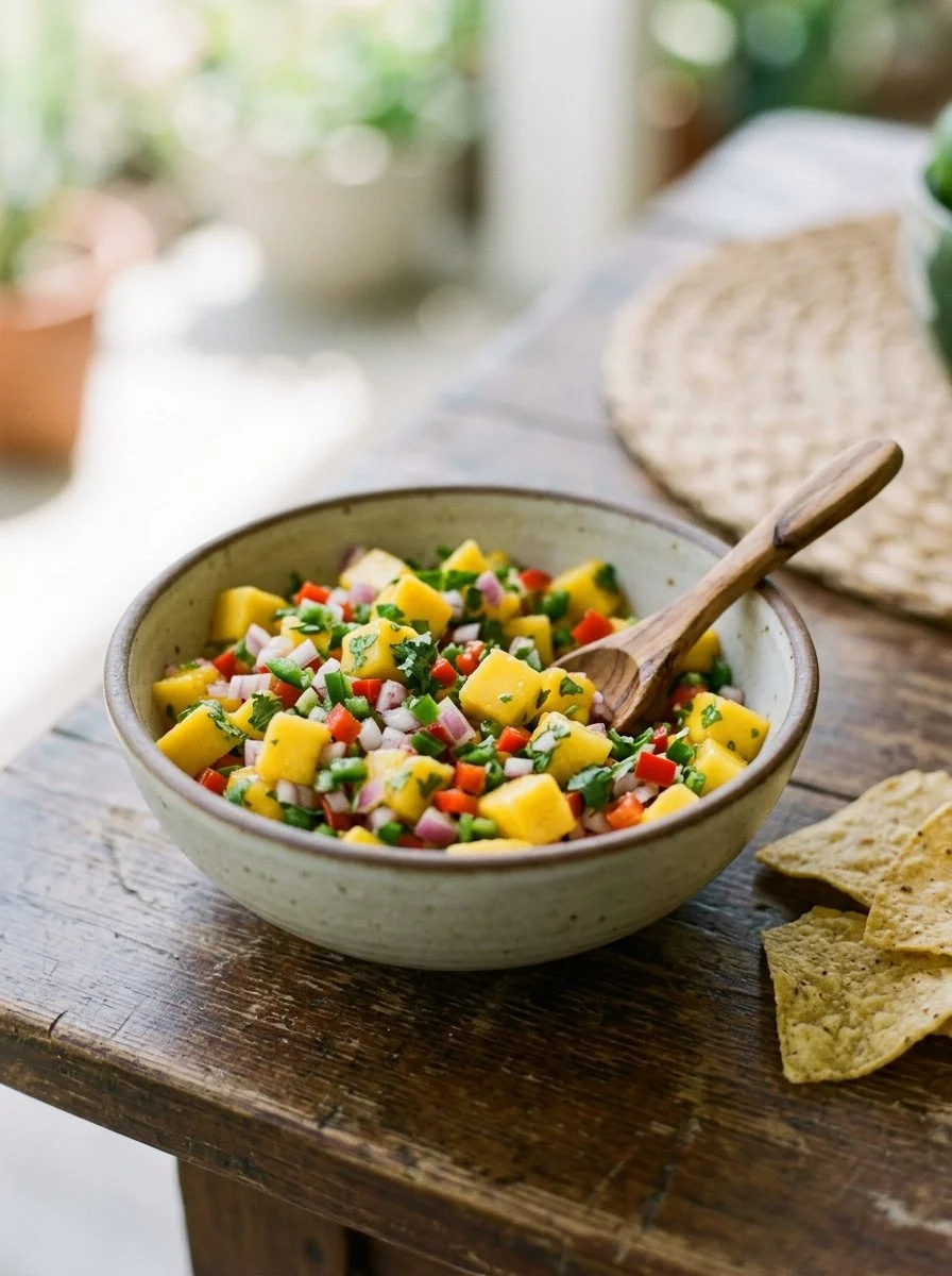 Frische Mango Salsa in einer Schüssel mit frischen Zutaten.