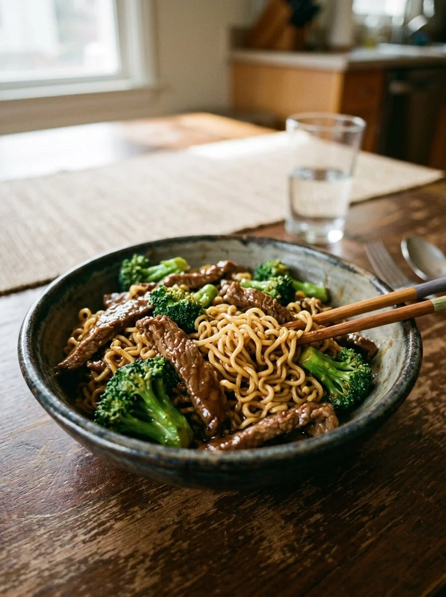 Einfache Rindfleisch und Brokkoli Ramen Pfanne