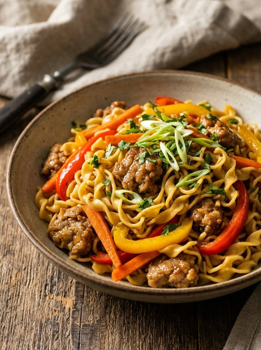 Leckere Schweinefleisch-Nudeln Pfanne mit Gemüse