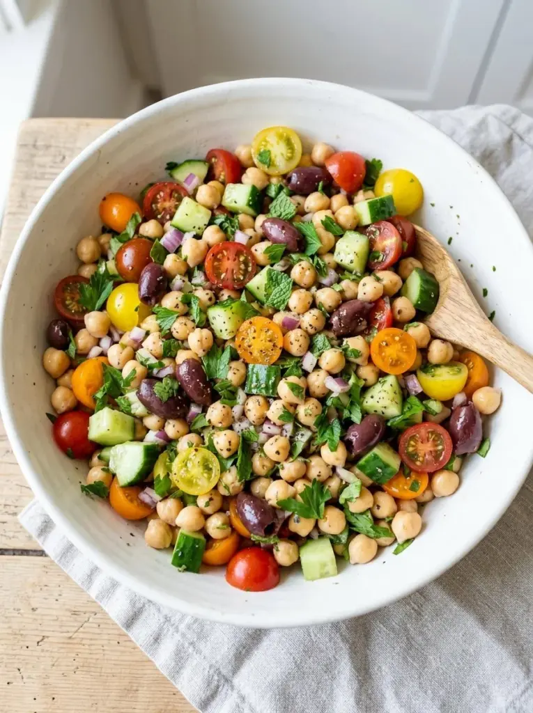 Gesunder Kichererbsensalat mit frischem Gemüse und Kräutern