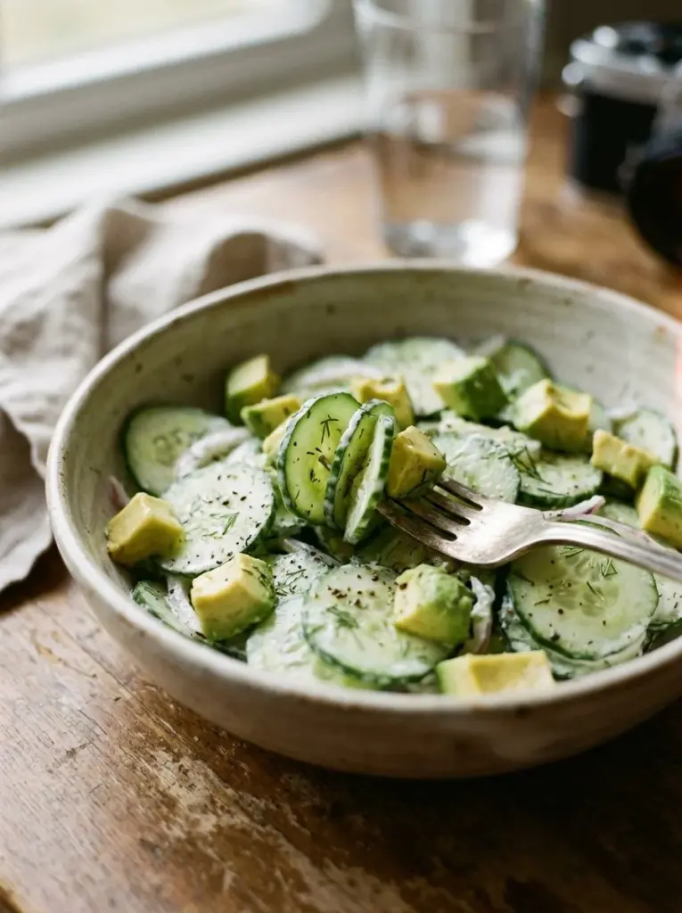 Gurkensalat mit Avocado auf einem Teller angerichtet