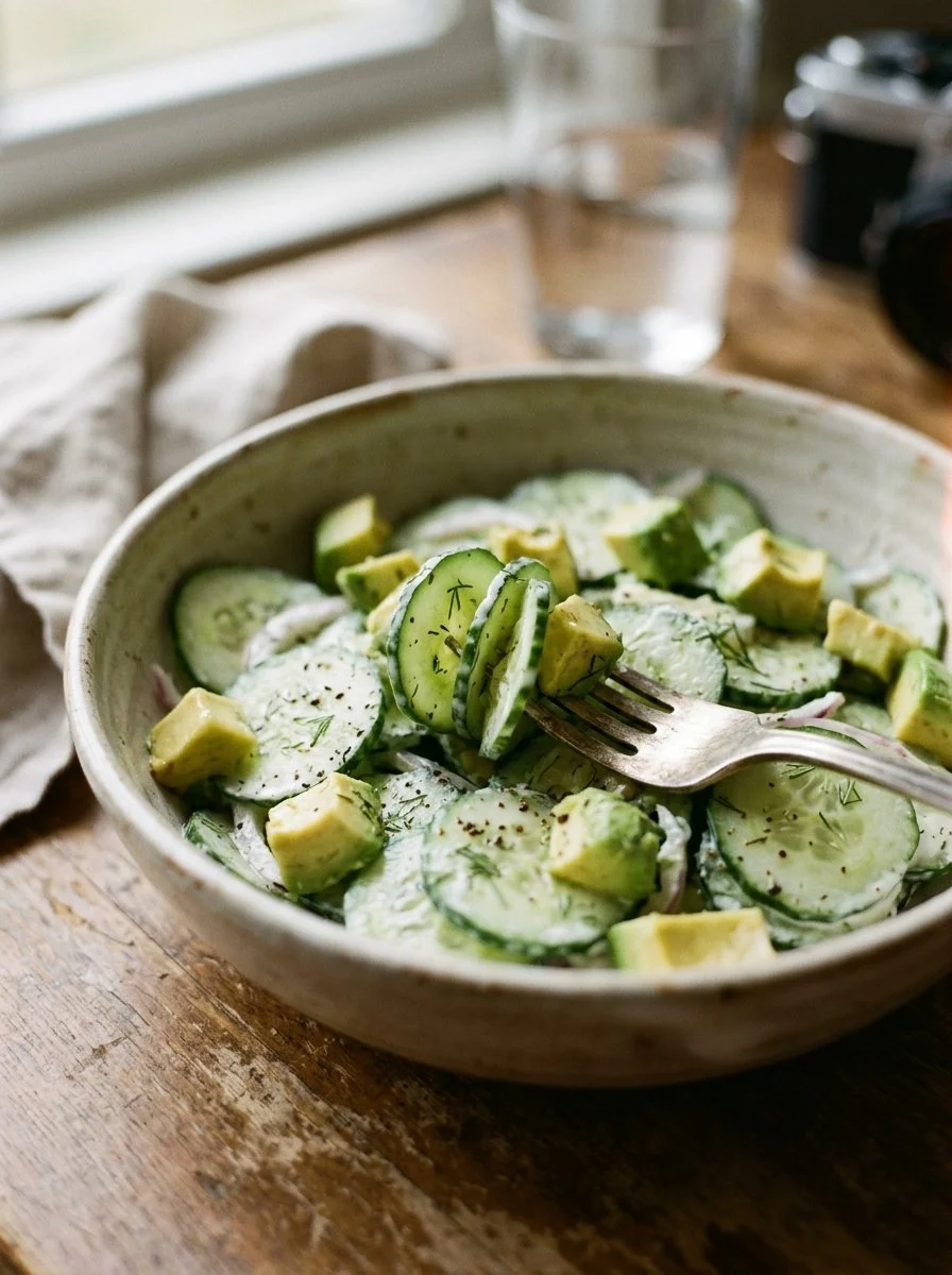 Gurkensalat mit Avocado auf einem Teller angerichtet