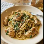Leckeres Hühnchen Scampi Gericht auf einem Teller angerichtet.