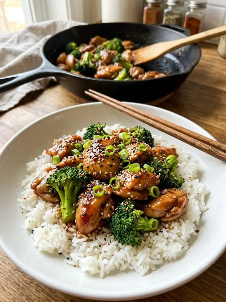 Leckere Hühnchen Teriyaki Pfanne in einer bunten Mischung aus Gemüse.