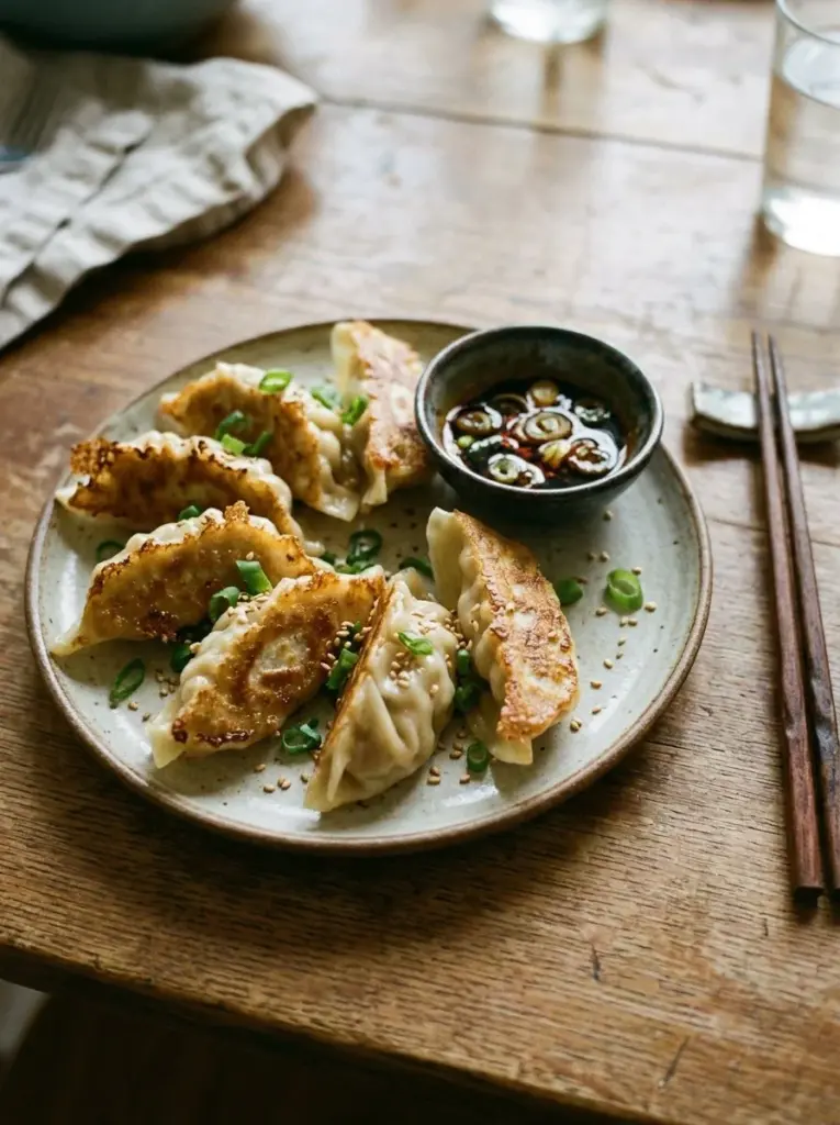 Knusprige Teigtaschen (Potstickers) auf einem Teller serviert.