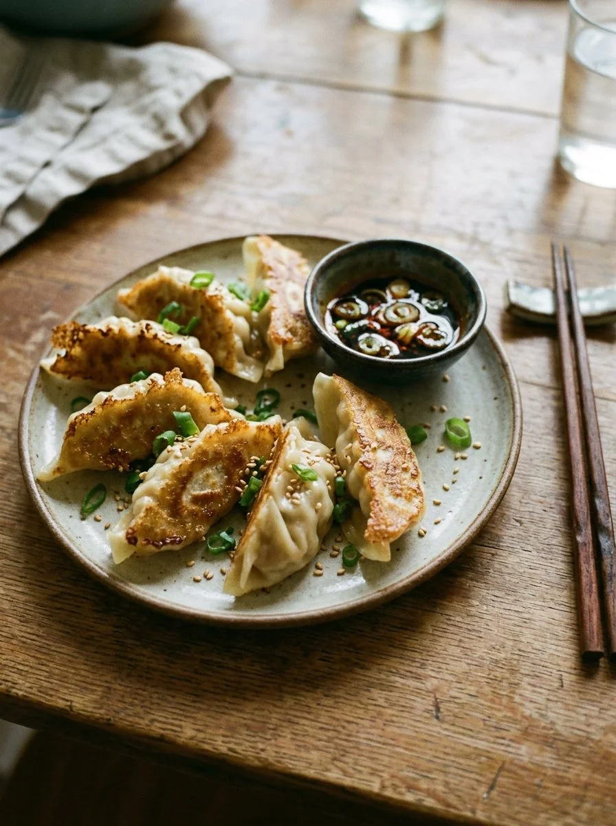 Knusprige Teigtaschen (Potstickers) auf einem Teller serviert.