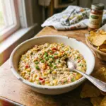 Kukuruz-Dip mit Frischkäse in einer Schüssel, serviert mit frischem Gemüse.