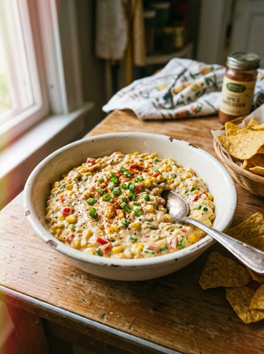 Kukuruz-Dip mit Frischkäse in einer Schüssel, serviert mit frischem Gemüse.