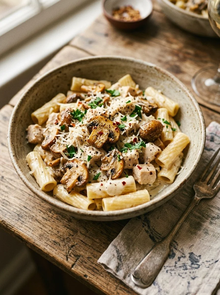 Pilz-Hühnchen-Pasta mit frischen Pilzen und Hühnchen in einer cremigen Soße