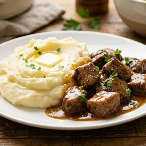 Leckere Rindfleischspitzen in einer aromatischen Soße serviert