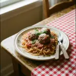 Schüssel Spaghetti mit Fleischbällchen in einer leckeren Tomatensauce
