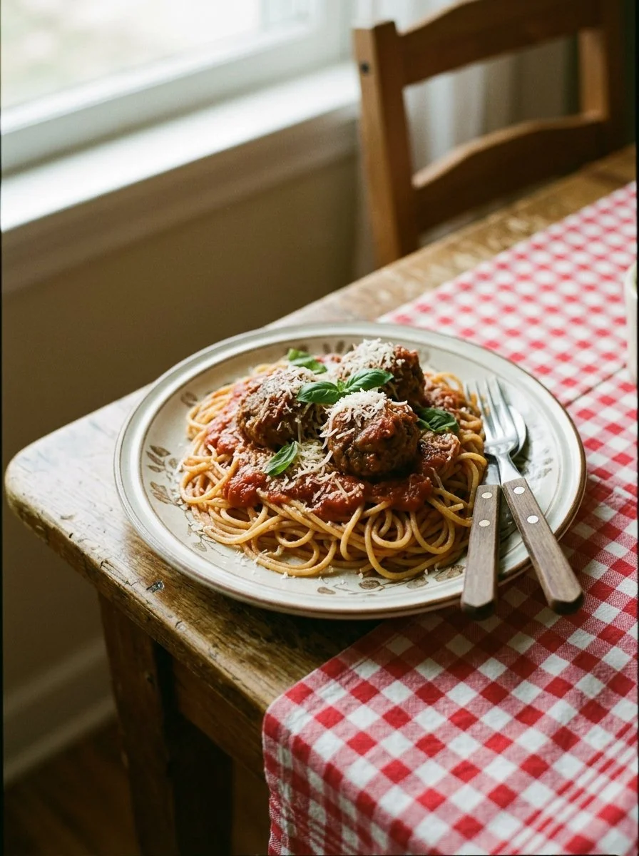 Schüssel Spaghetti mit Fleischbällchen in einer leckeren Tomatensauce